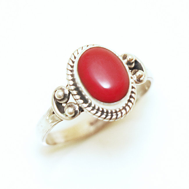 Bague fine filigranes argent 925 et Corail rouge - Inde 023