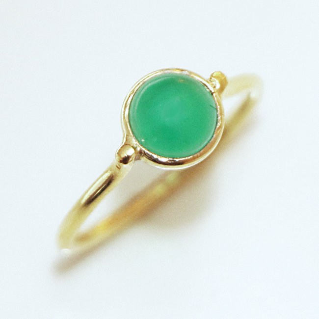 Bague fine ronde argent 925 doré or fin et Agate verte - Inde 102O