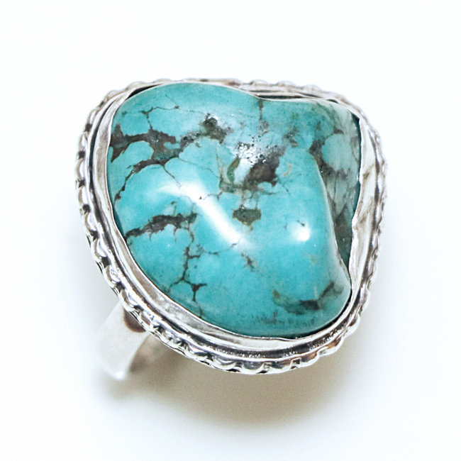 Bague druzy argent 925 et Turquoise brute naturelle - Népal 098