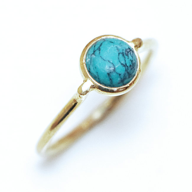 Bague fine ronde argent 925 doré or fin et Turquoise - Inde 102O