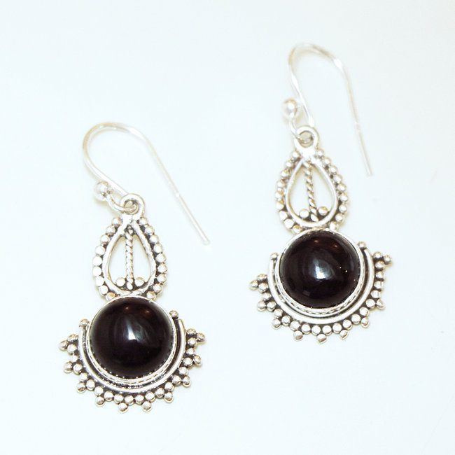 Boucles d'oreilles rondes filigranes argent 925 et Onyx - Inde 026