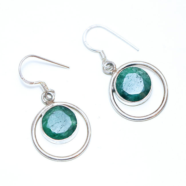 Boucles d'oreilles argent massif 925 rondes ajourées et corindon Emeraude - Inde 074