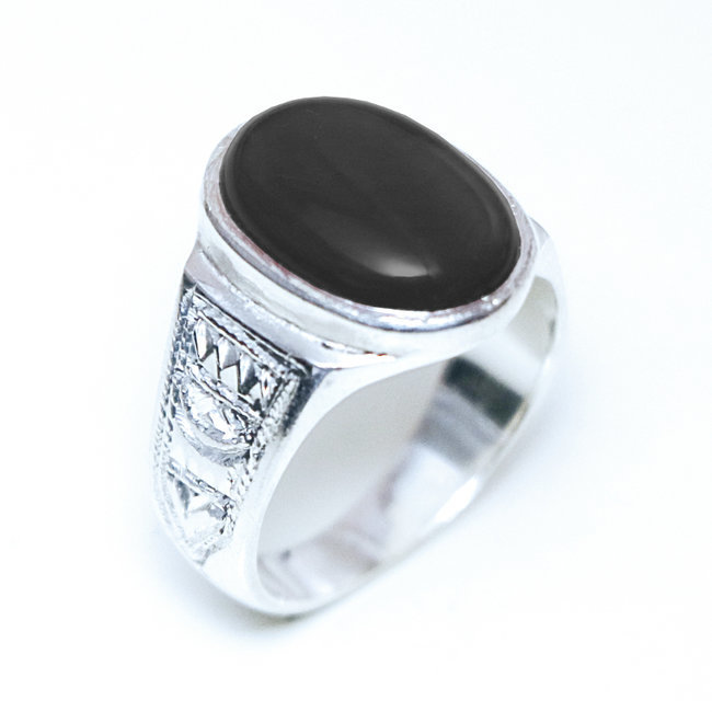 Bague argent massif 925 touareg ovale chevalière et Onyx - Niger 093