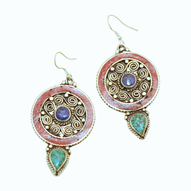 Boucles d'oreilles Grands Pendants Argenté Corail Turquoise Lapis-Lazuli - Nepal 010