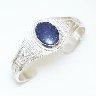 Bijoux ethniques touareg bracelet manchette grav argent 925 et pierre fine cabochon Lapis-Lazuli bleu - Niger 001 a