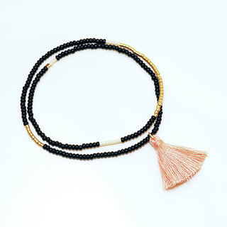 Bijoux Ethniques Africains massa bracelet fin en perles de verre noir et rose pompon Sidai Designs rglable ajustable Tanzanie - 004 b