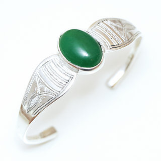 Bijoux ethniques touareg bracelet manchette en argent 925 massif homme femme grav large et pierre fine ovale Agate verte - Niger 007 a