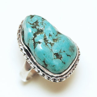 Bijoux ethniques indiens bague en argent 925 massif drus grave filigranes femme homme large et pierre fine turquoise naturelle vritable grosse brute npalais - Npal 135