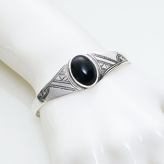 Bijoux ethniques touareg bracelet en argent 925 massif manchette femme ovale grav ouvert ajustable rglable pierre fine Onyx noir - Niger 019 b