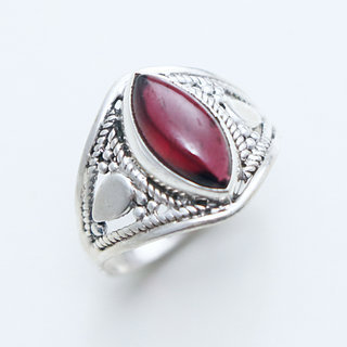 Bijoux ethniques Indiens bague en argent 925 massif et pierre fine ovale navette marquise filigranes Grenat rouge - Inde 147