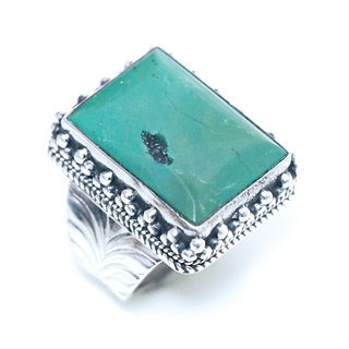 Bijoux ethniques indiens bague en argent 925 massif chevalire filigranes femme homme rectangle et pierre fine vraie turquoise naturelle vritable npalais - Npal 142