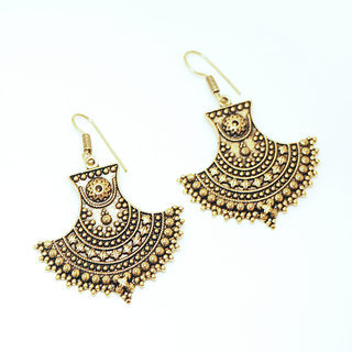 Bijoux Indiens Ethniques boucles d'oreilles bollywood pendantes en bronze dor or grav filigranes dentelle perles - Inde 061 a