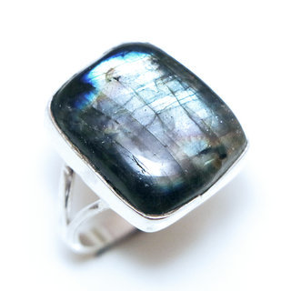 Bijoux ethniques Indiens bague argent 925 et pierre fine Labradorite gris vert kaki grande rectangle - Inde 264a