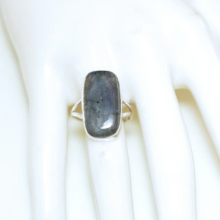 Bijoux ethniques Indiens bague argent 925 et pierre fine Labradorite gris vert kaki longue rectangle - Inde 266b