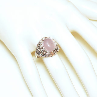 Bijoux ethniques Indiens bague en argent 925 massif femme pierre fine Quartz rose clair ovale filigranes - Inde 328Mb