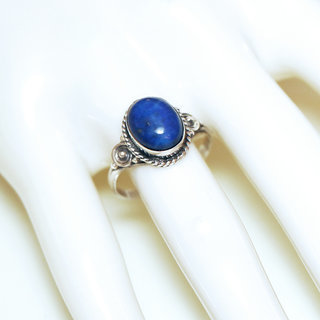 Bijoux ethniques Indiens bague en argent 925 massif fine femmes et pierre fine Lapis-Lazuli bleu fonc paillettes ovale filigranes spirales - Inde 063Lb