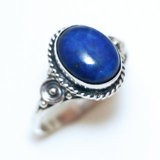 Bijoux ethniques Indiens bague en argent 925 massif fine femmes et pierre fine Lapis-Lazuli bleu fonc paillettes ovale filigranes spirales - Inde 063La