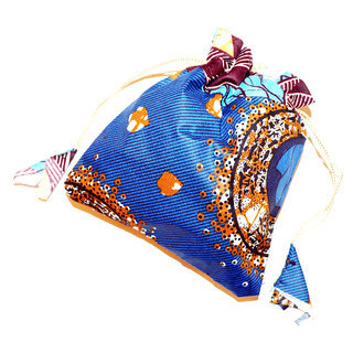 Pochette cadeau bijoux en tissu sac africain wax emballage ide homme femme pour anniversaire, nol, saint-valentin boite grande bleu pompon - Mali POPG004 b