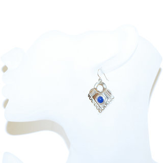 Bijoux touareg ethniques boucles d'oreilles en argent 925 massif pierres semi-prcieuses berbre ajoure gravure pendante ronde Lapis-Lazuli bleu - Niger 041b